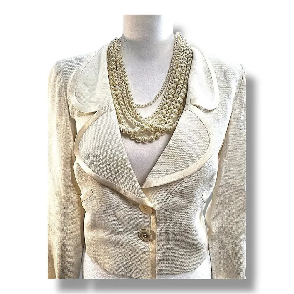 VALENTINO Vintage Ivory Linen Crop Blazer with silk trim SZ 4